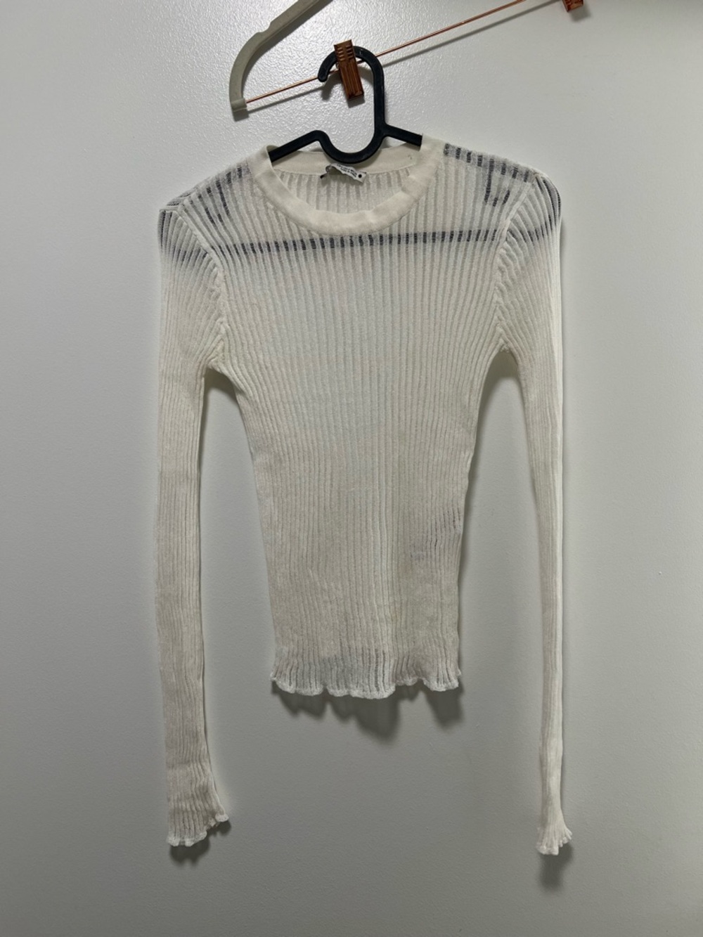 Zara Cream Sheer Ribbed Long Sleeve Top